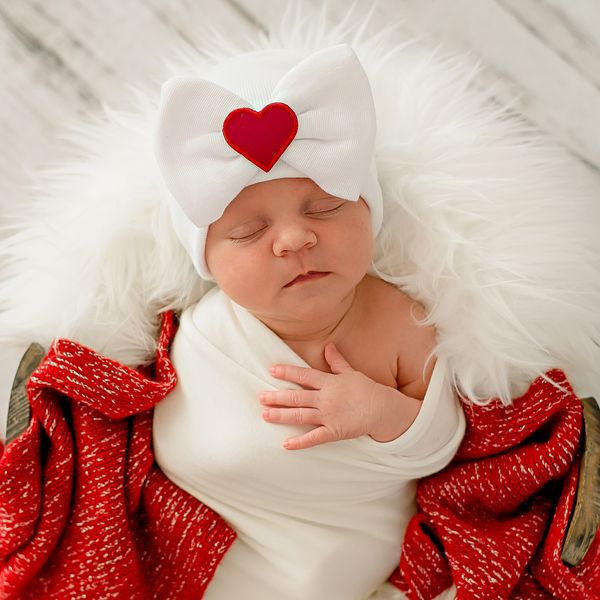 All My Heart Newborn Girl Big Bow and Heart Patch Hospital Hat - striped or solid white