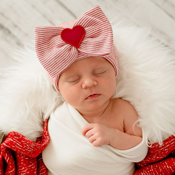 All My Heart Newborn Girl Big Bow and Heart Patch Hospital Hat - striped or solid white