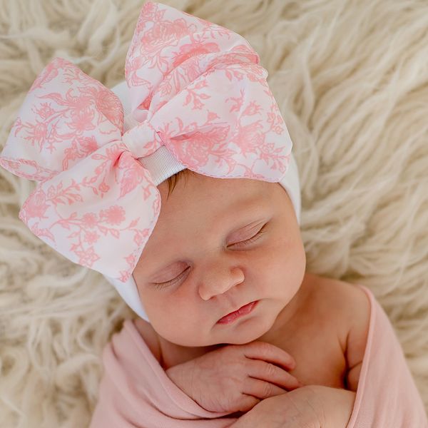 Pink (or Blue) Floral Toile Bow Newborn Girl Hospital Hat