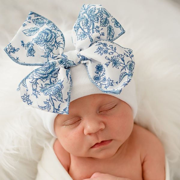 Pink (or Blue) Floral Toile Bow Newborn Girl Hospital Hat