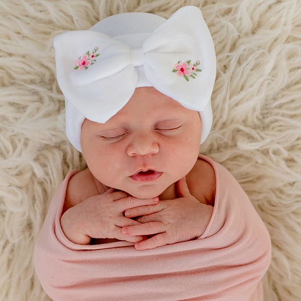 May Flowers Newborn Girl Bow Hospital Hat - Embroidered Flowers