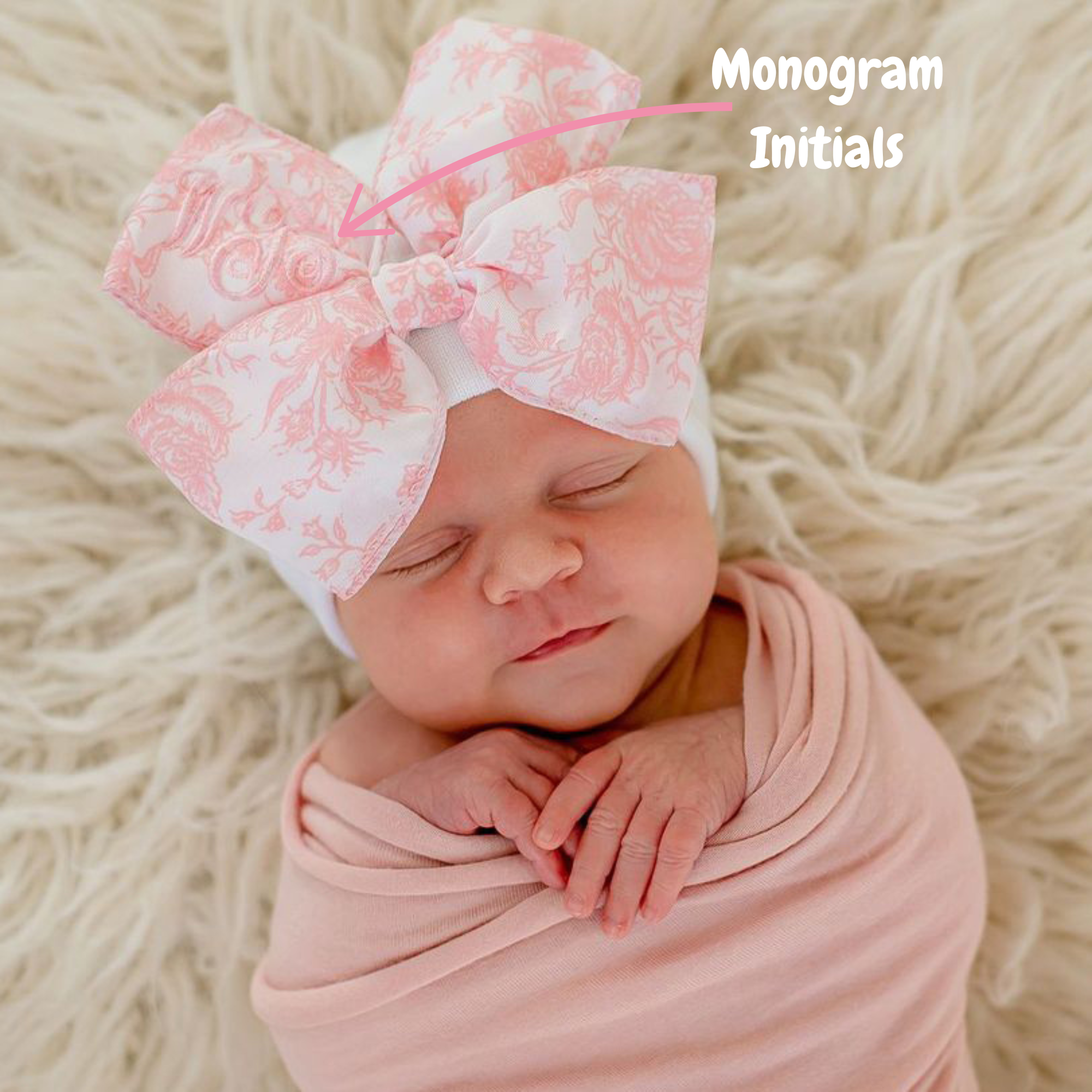 MONOGRAMMED Pink (or Blue) Floral Toile Bow Newborn Girl Hospital Hat