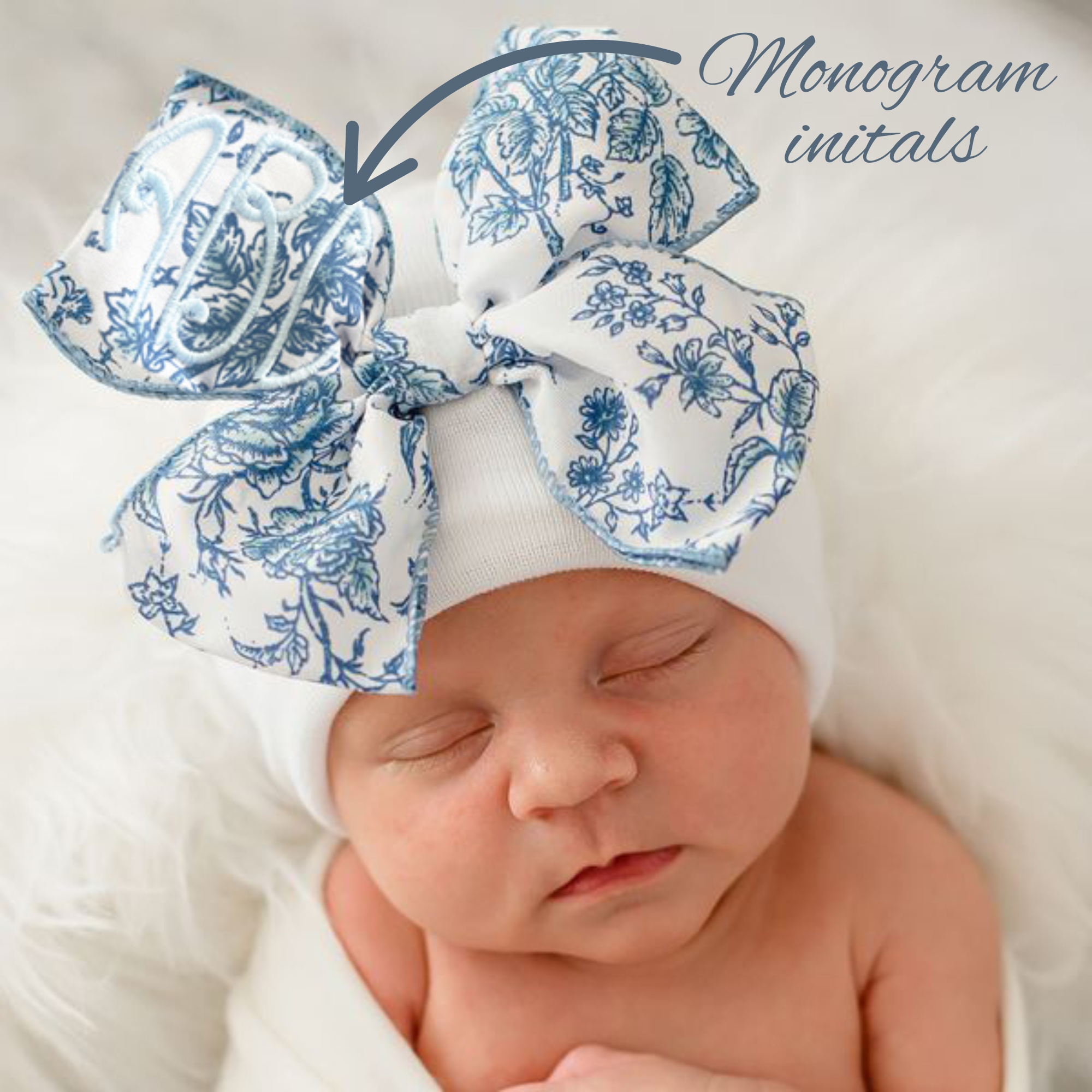 MONOGRAMMED Pink (or Blue) Floral Toile Bow Newborn Girl Hospital Hat