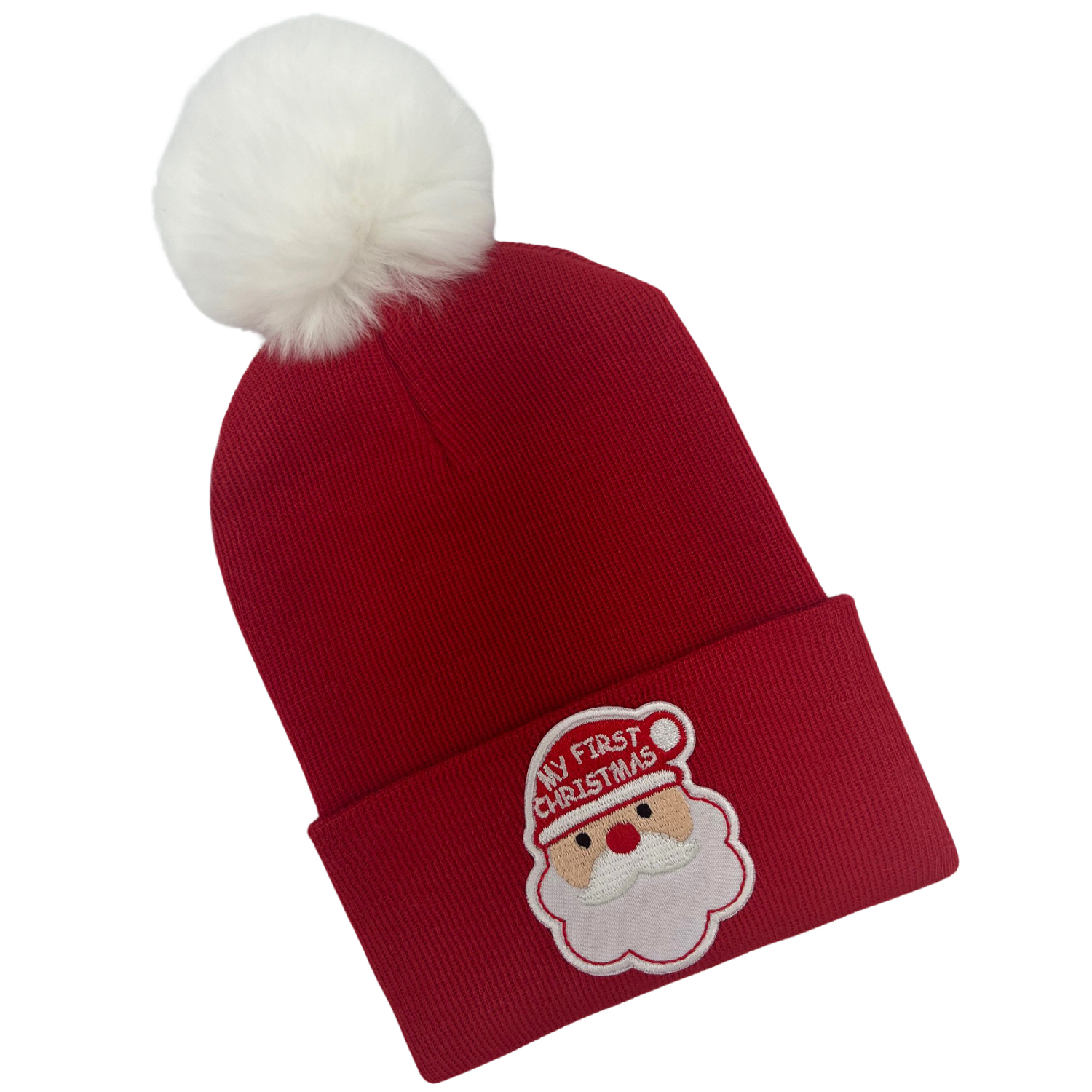My First Christmas Santa Red Newborn and Baby Hospital Hat with Fuzzy White Pom Pom