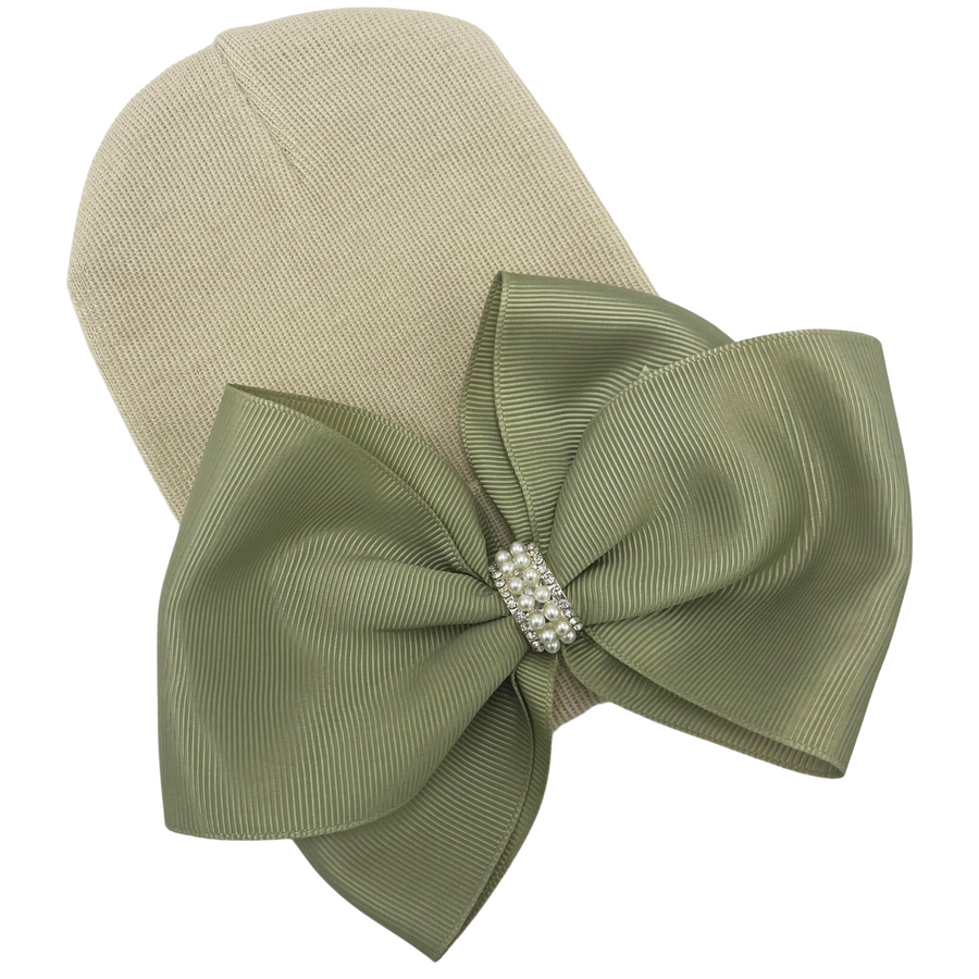 Beige Hat with Sage Green Big Bow with Pearl and Rhinestone Center Newborn Girl Hospital Hat