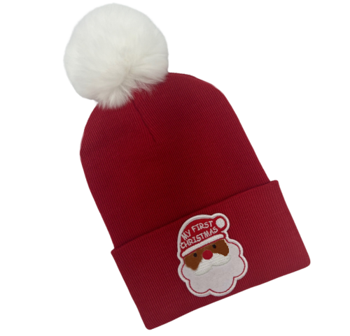 My First Christmas Santa Red Newborn and Baby Hospital Hat with Fuzzy White Pom Pom