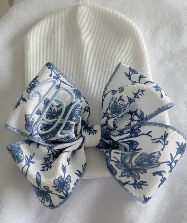 MONOGRAMMED Pink (or Blue) Floral Toile Bow Newborn Girl Hospital Hat