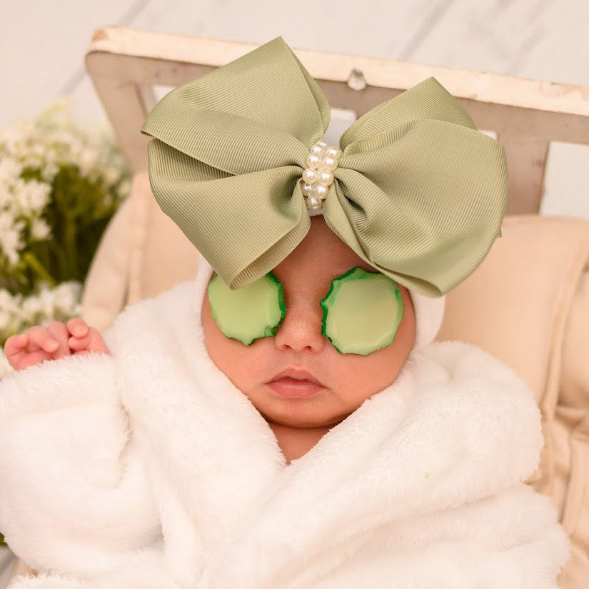 Sage Green Big Bow with Pearl Center Newborn Girl Hospital Hat