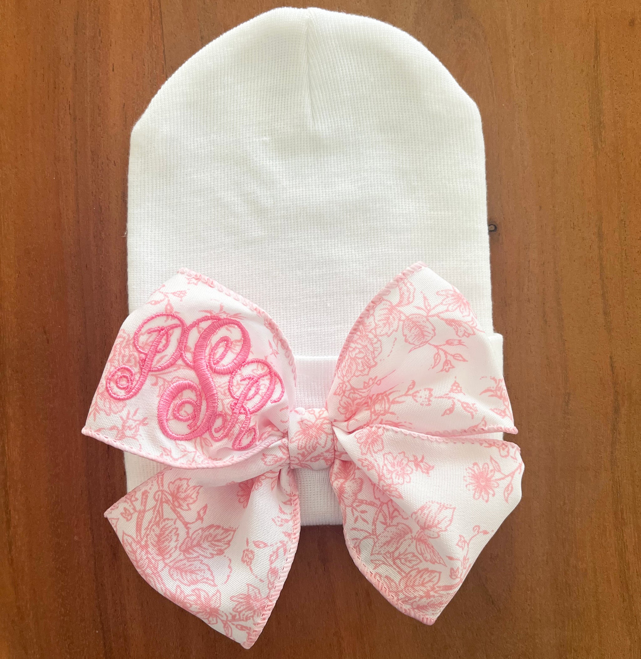 MONOGRAMMED Pink (or Blue) Floral Toile Bow Newborn Girl Hospital Hat