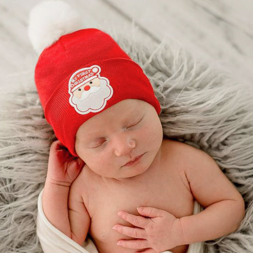 My First Christmas Santa Red Newborn and Baby Hospital Hat with Fuzzy White Pom Pom