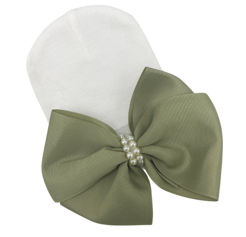 Sage Green Big Bow with Pearl Center Newborn Girl Hospital Hat