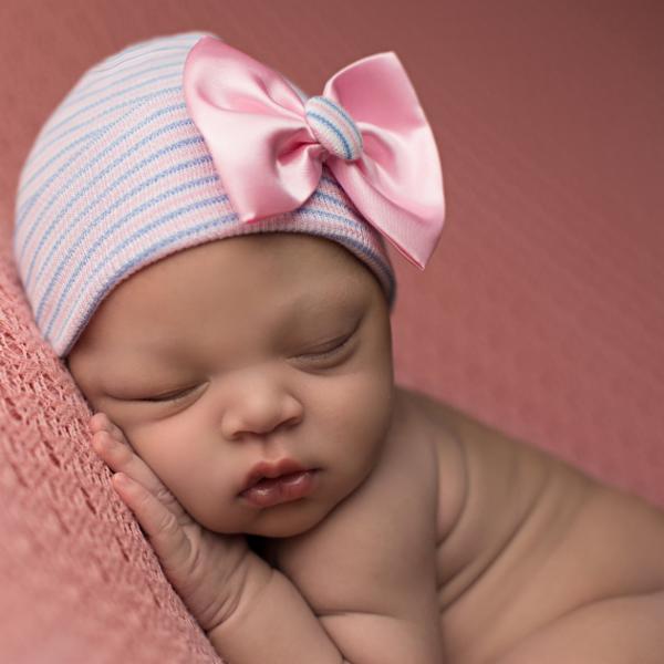 ilybean Parisian Elegance Striped Hospital Hat with Pink Satin Bow and Covered Button