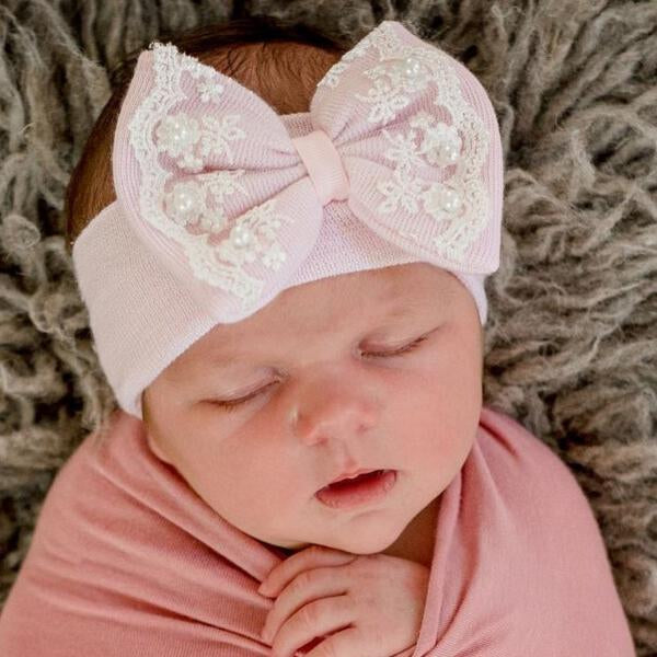 ilybean Pink Lace And Pearl Trim Newborn Girl Nursery Headband