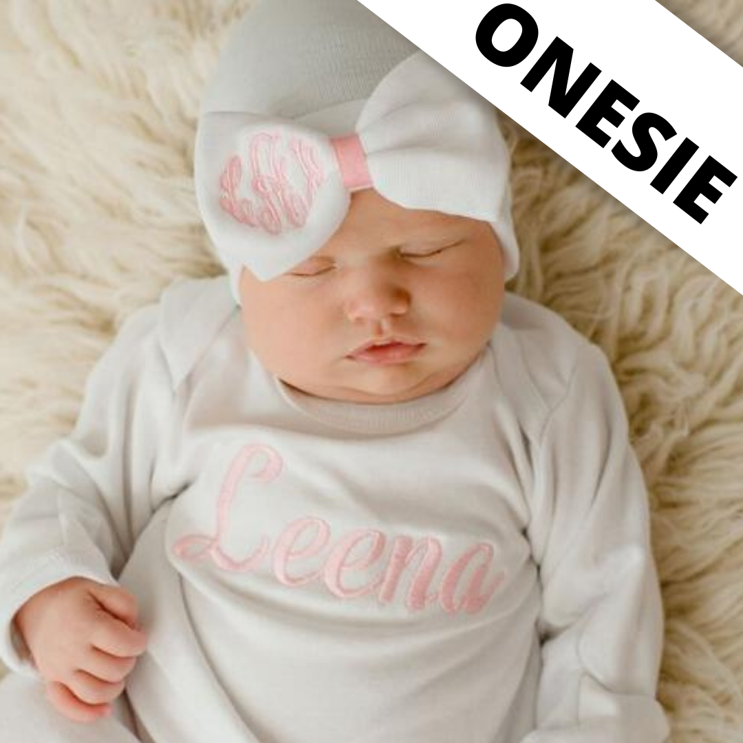 Monogramed White Bow Hat With Pink Center And Personalized Matching Onesie OR Gown SET (2 Piece SET)
