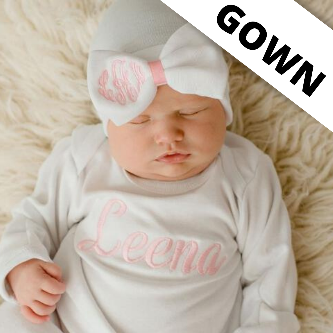 Monogramed White Bow Hat With Pink Center And Personalized Matching Onesie OR Gown SET (2 Piece SET)