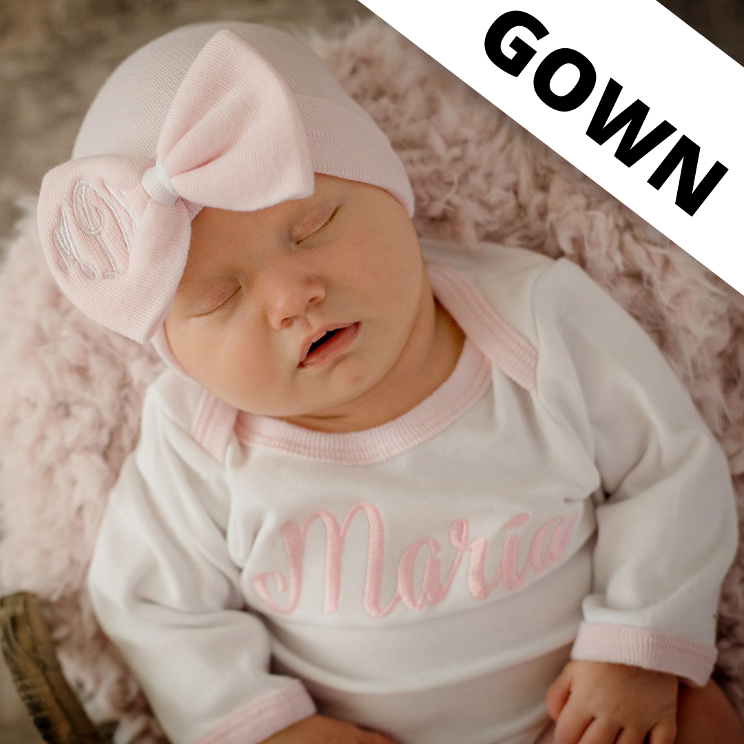 Personalized Pink Bow Hat Bow Monogram With Matching Onesie OR Gown SET (2 Piece SET)