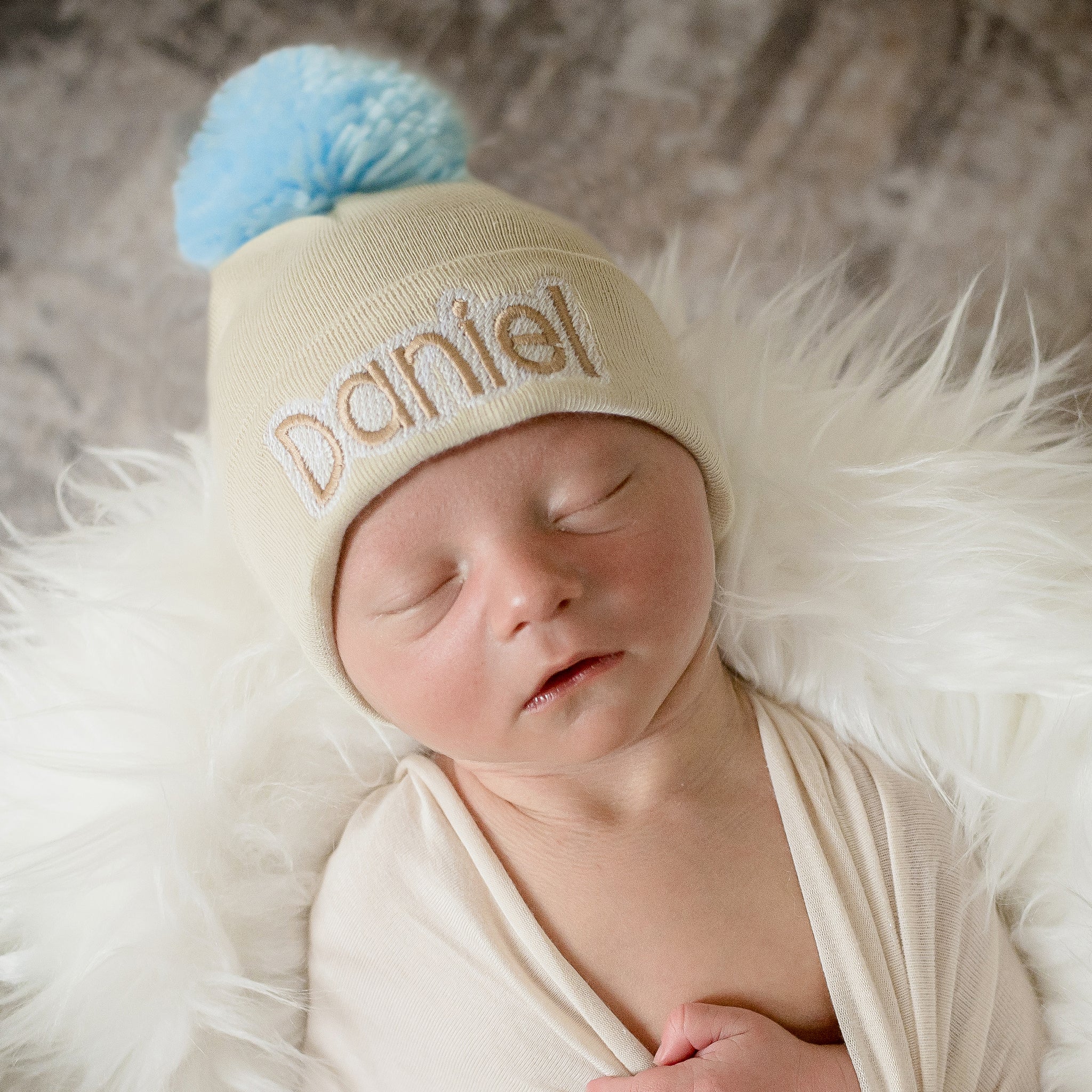 ilybean Oatmeal Beanie with Baby Blue Pom Pom - Personalization Optional