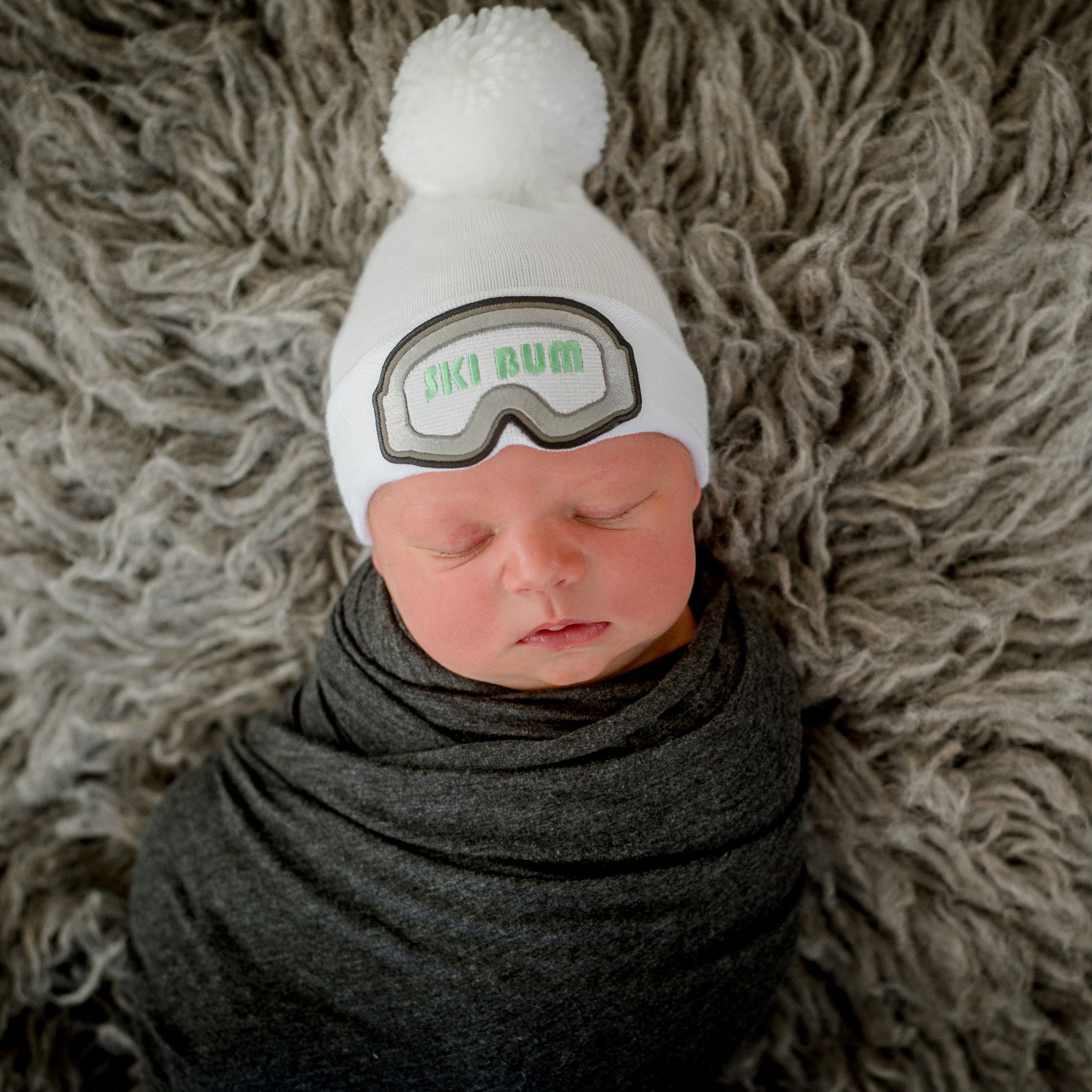 Ski Bum- Newborn Ski Bum White Hat - Newborn Skiing Hat - White Hat with White Pom Pom