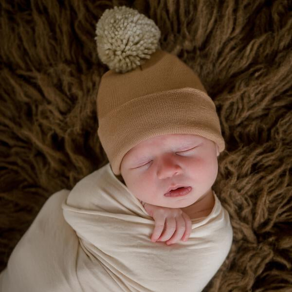 Tan Beanie with Oatmeal Pom Pom Newborn Hospital Hat -newborn boy