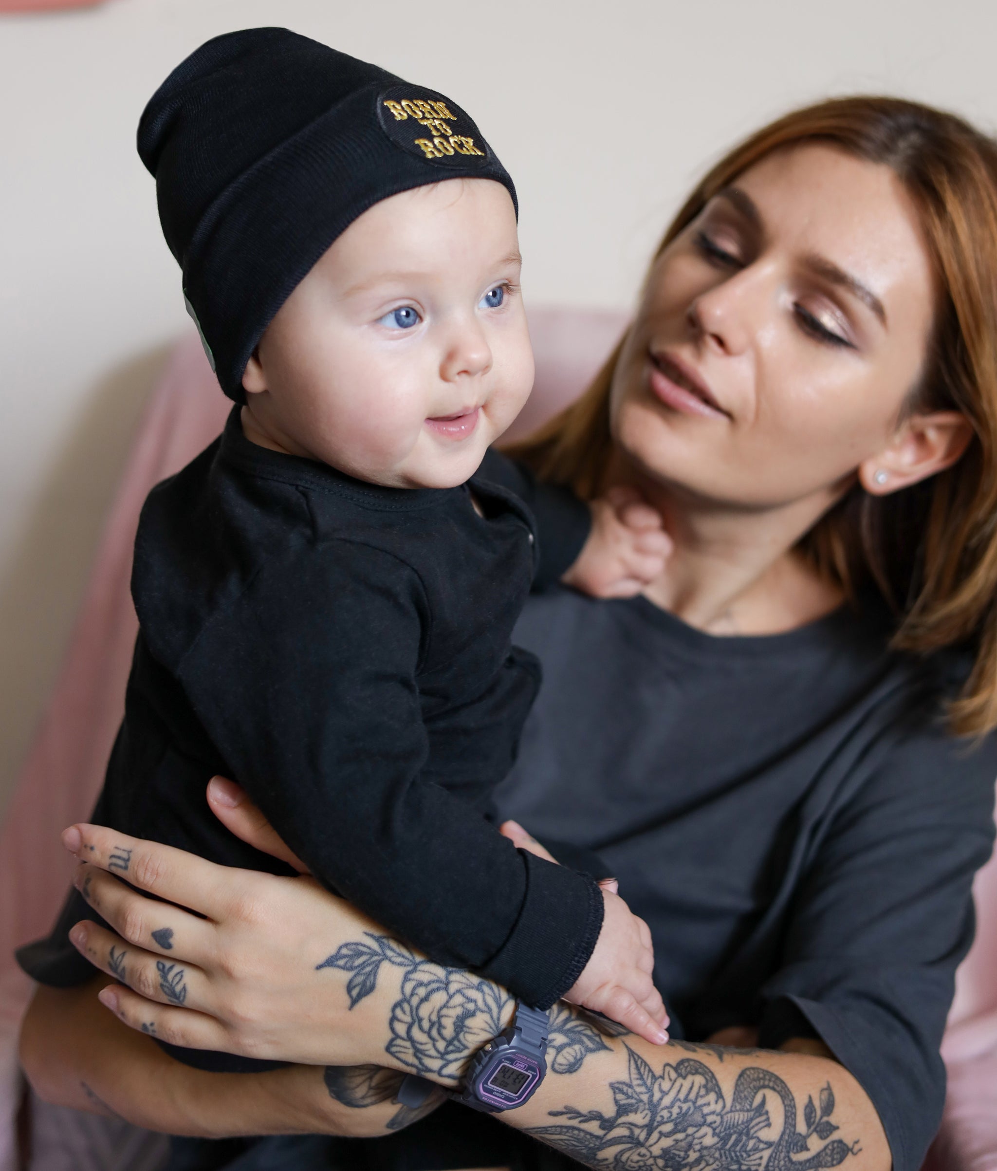 Black Born to Rock Newborn Hospital Hat - Newborn Girl and Boy Hat - Gender Neutral Rock Hat