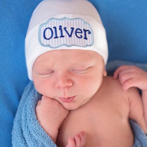 Personalized Blue White Seersucker Name Newborn BOY White Hospital Hat