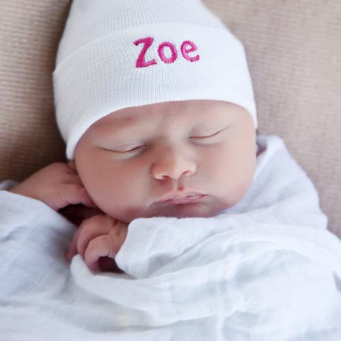 Solid Pink or White Personalized Newborn GIRL hospital hat with PINK Letters