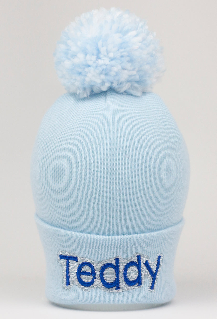 ilybean Baby Blue Beanie with MIXED Blue & White Pom Pom - Personalization Optional
