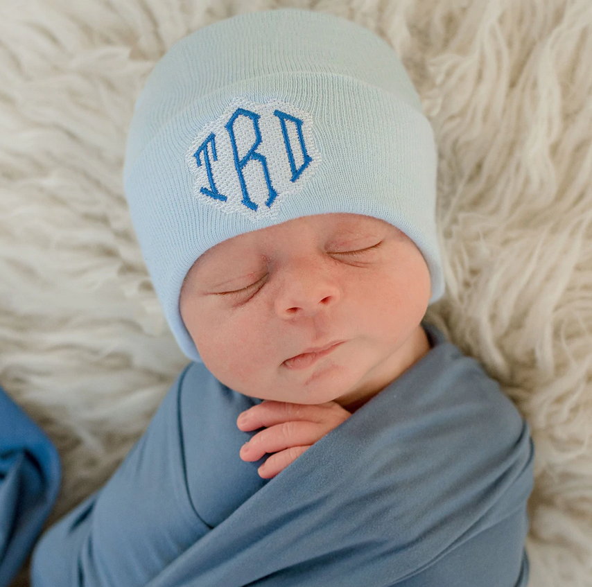 ilybean Monogram Personalized Shadow Stitch Pink , White or Blue Hospital Newborn Hospital Hat Nursery Beanie