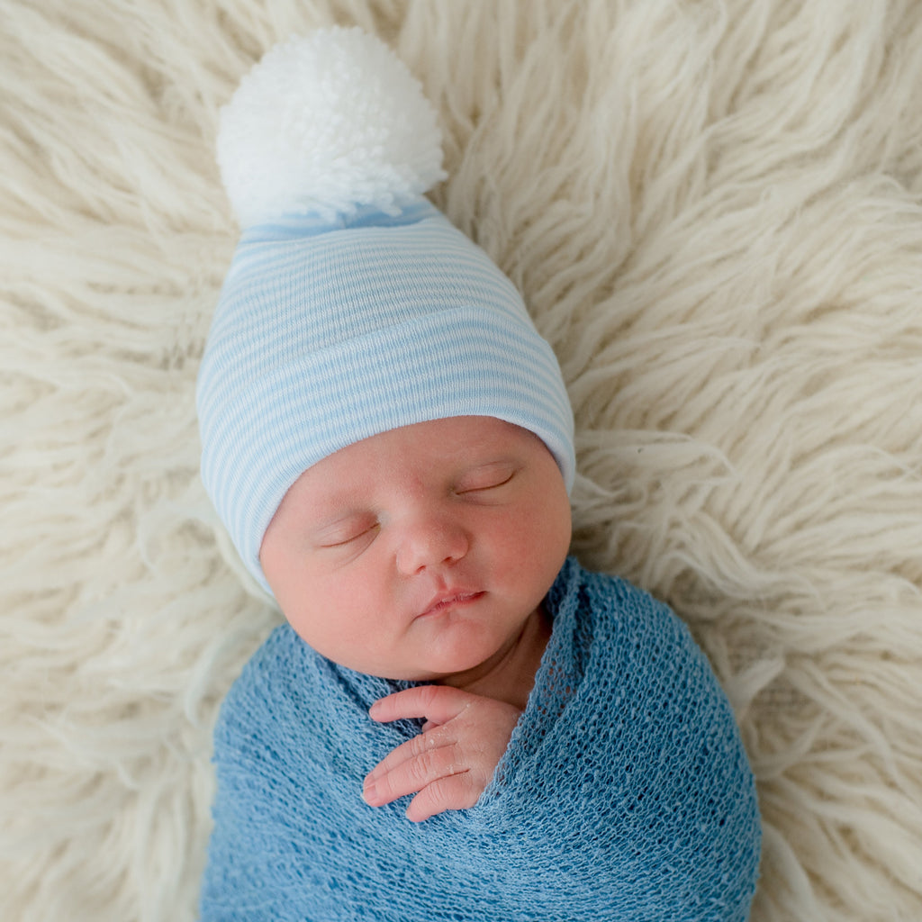Wide Blue And White Striped Newborn Baby Boy Hospital Beanie With White Pom Pom Hat Infant Hat Newborn Hat (Personalization Optional)