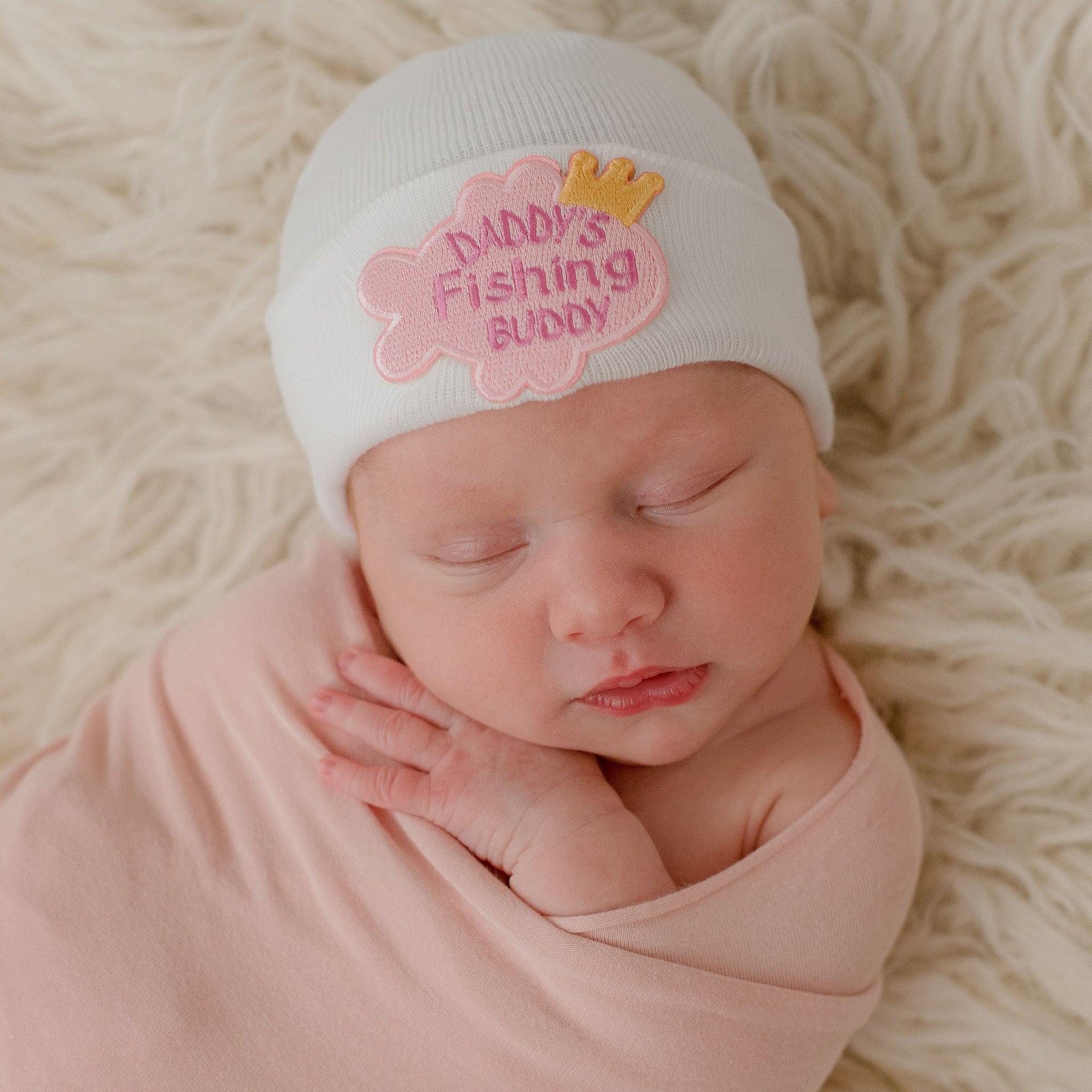 PINK Daddy's Fishing Newborn Girl Hospital Hat - White Hospital Hat Newborn Girl- Fishing Buddy Patch (Girl or Boy)