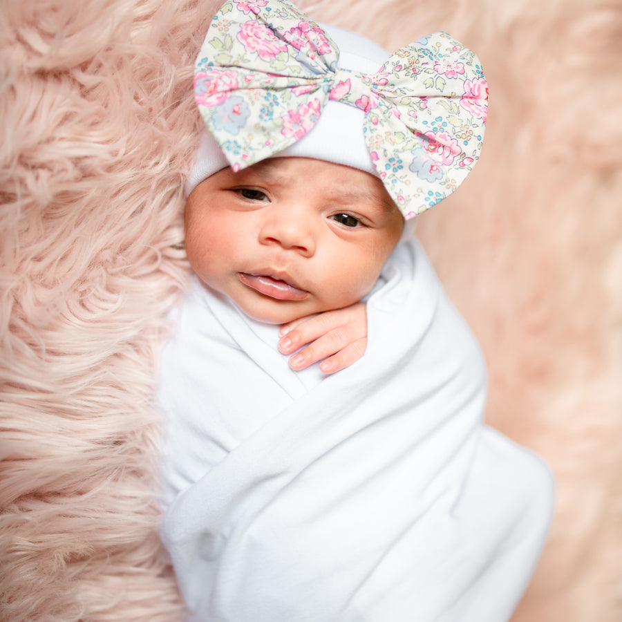 ilybean Spring Floral Bow On White Hat With White Swaddle Blanket