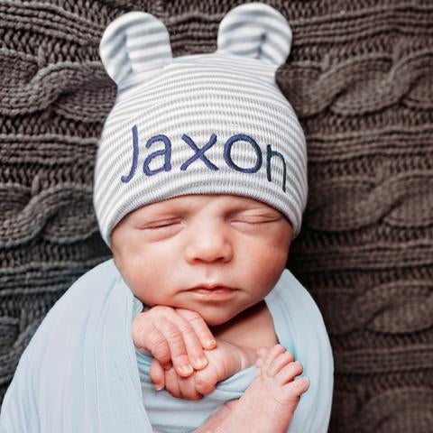 Gray and White Striped Bear Personalized Newborn Boy Hospital Hat