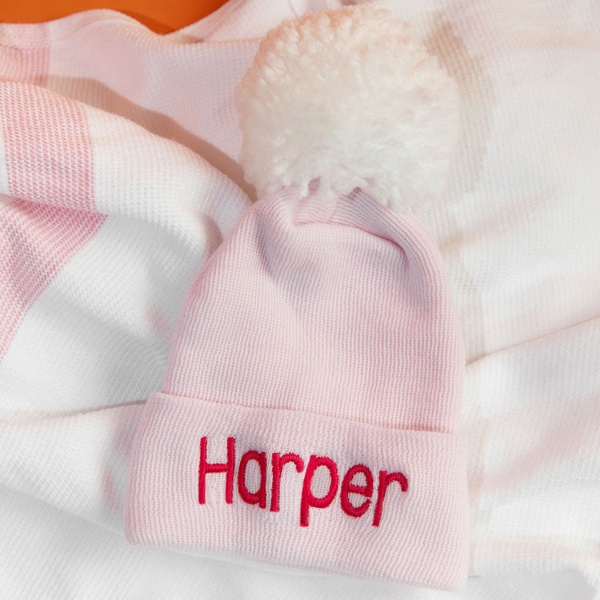 ilybean Personalized Pink Nursery Hospital Hat with White Pom Pom