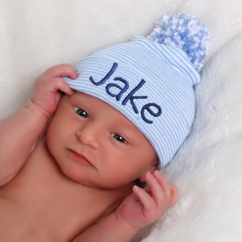 ilybean PERSONALIZED Striped Baby Blue Pom Pom Newborn Boy Hospital Hat