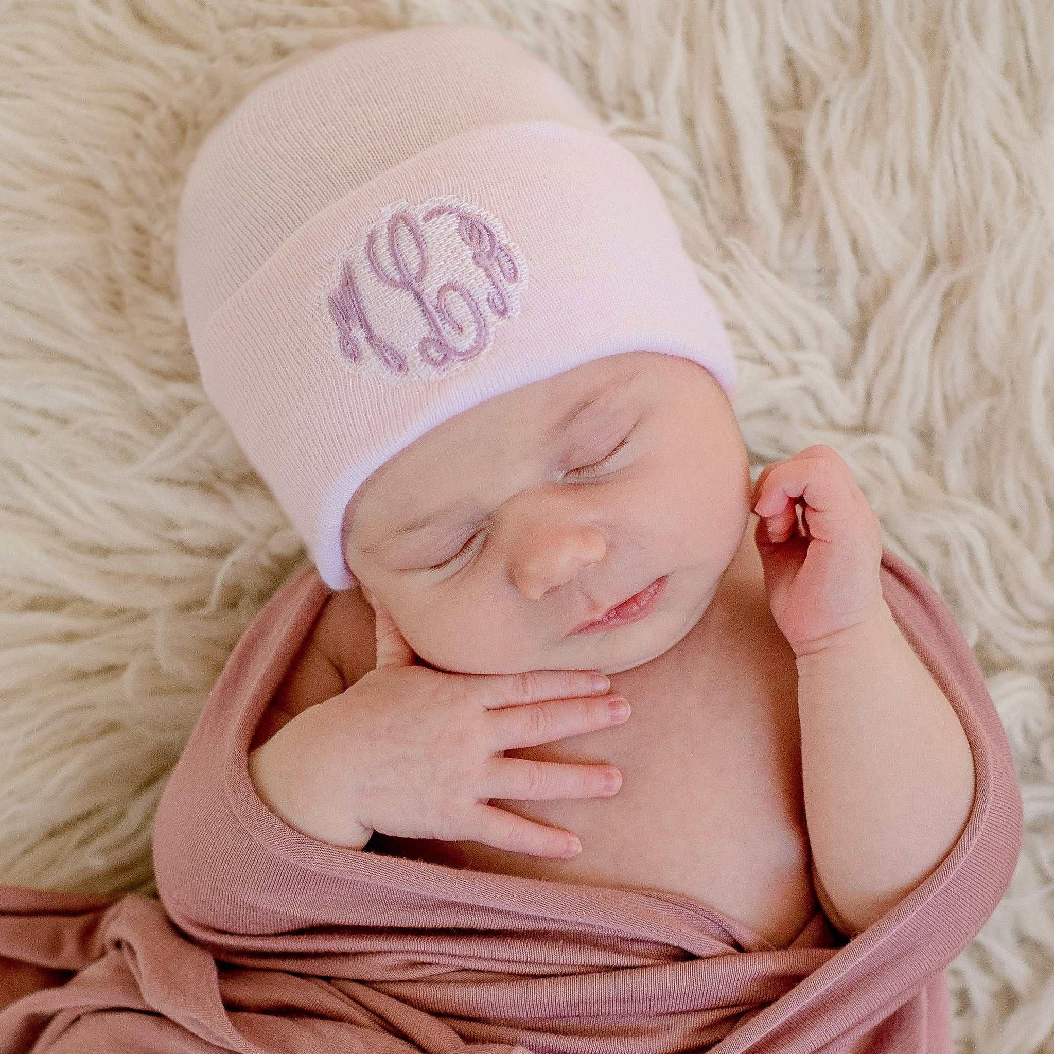 ilybean Monogram Personalized Shadow Stitch Pink , White or Blue Hospital Newborn Hospital Hat Nursery Beanie