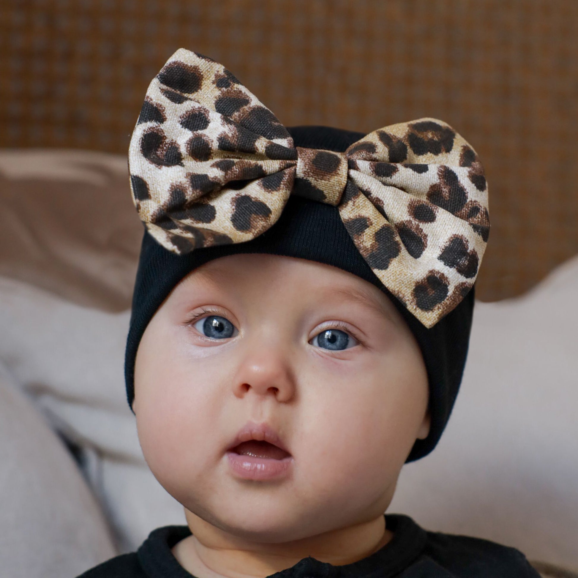 ilybean Lux Leopard Bow Baby Newborn Girl Hospital Hat - White Hat with Leopard Fabric Bow (Monogram Optional)