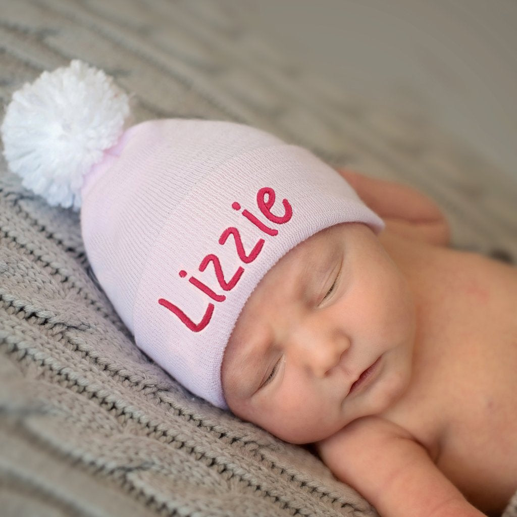 ilybean Personalized Pink Nursery Hospital Hat with White Pom Pom