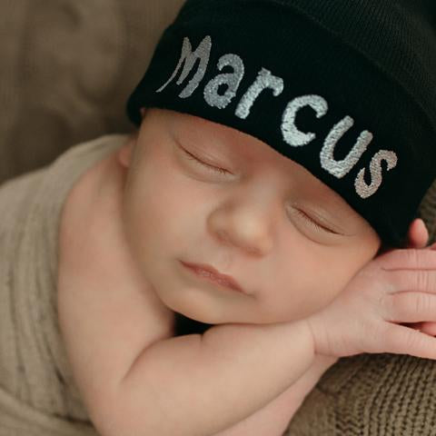 ilybean Personalized Black Hospital Hat Newborn Boy Hospital Hat and Nursery Beanie