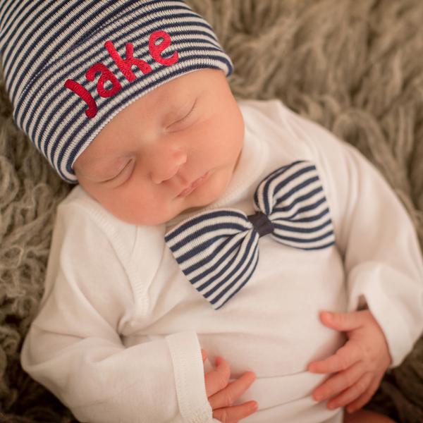 ilybean Personalized Navy and White Striped Bow Tie Onesie Set