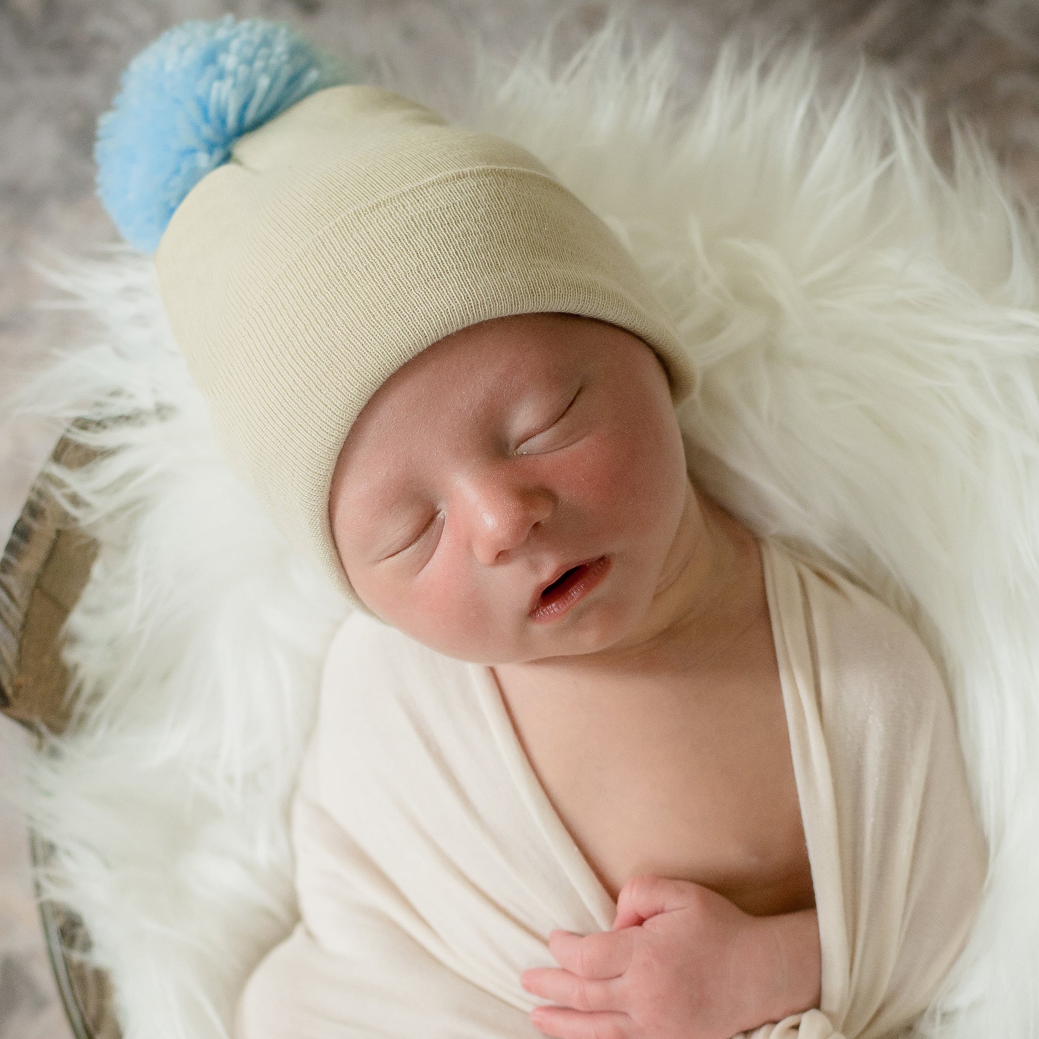 ilybean Oatmeal Beanie with Baby Blue Pom Pom - Personalization Optional