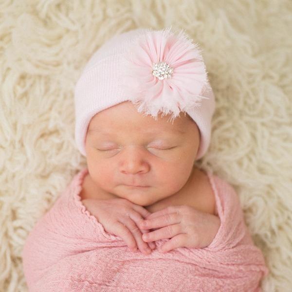 ilybean Pink Hat with a Pink Fairy Frayed Flower - Pink Hospital Hat - Pink Flower Newborn Girl Hat