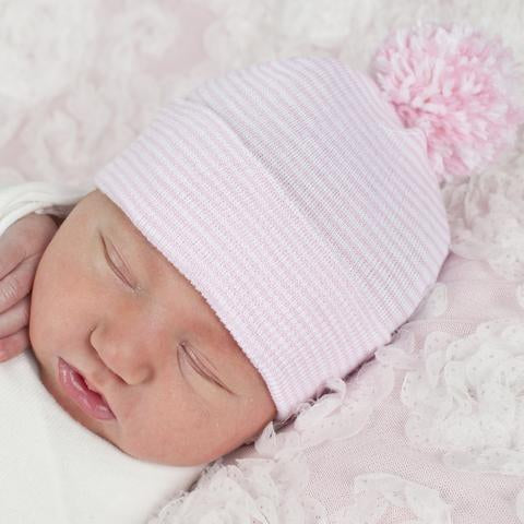 ilybean Striped Baby Pink Pom Pom Newborn Girl Hospital Hat