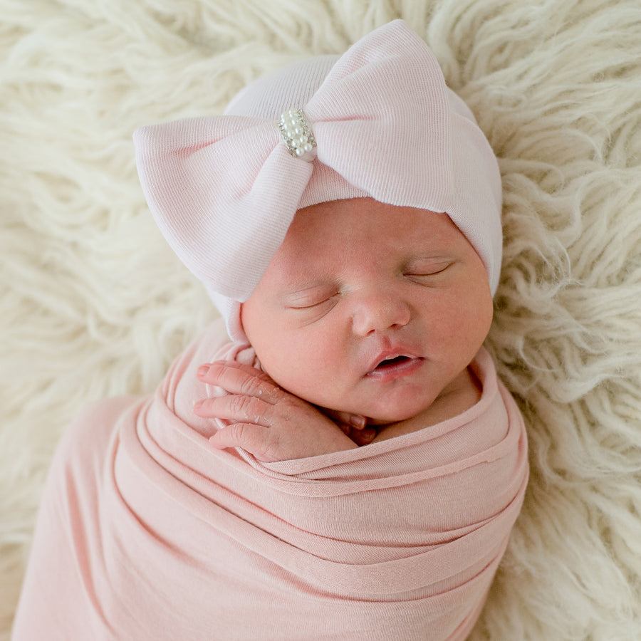 ilybean Pink or White Big Bow Newborn Girl Hospital Hat with Pearl Rhinestone Jewel at Center