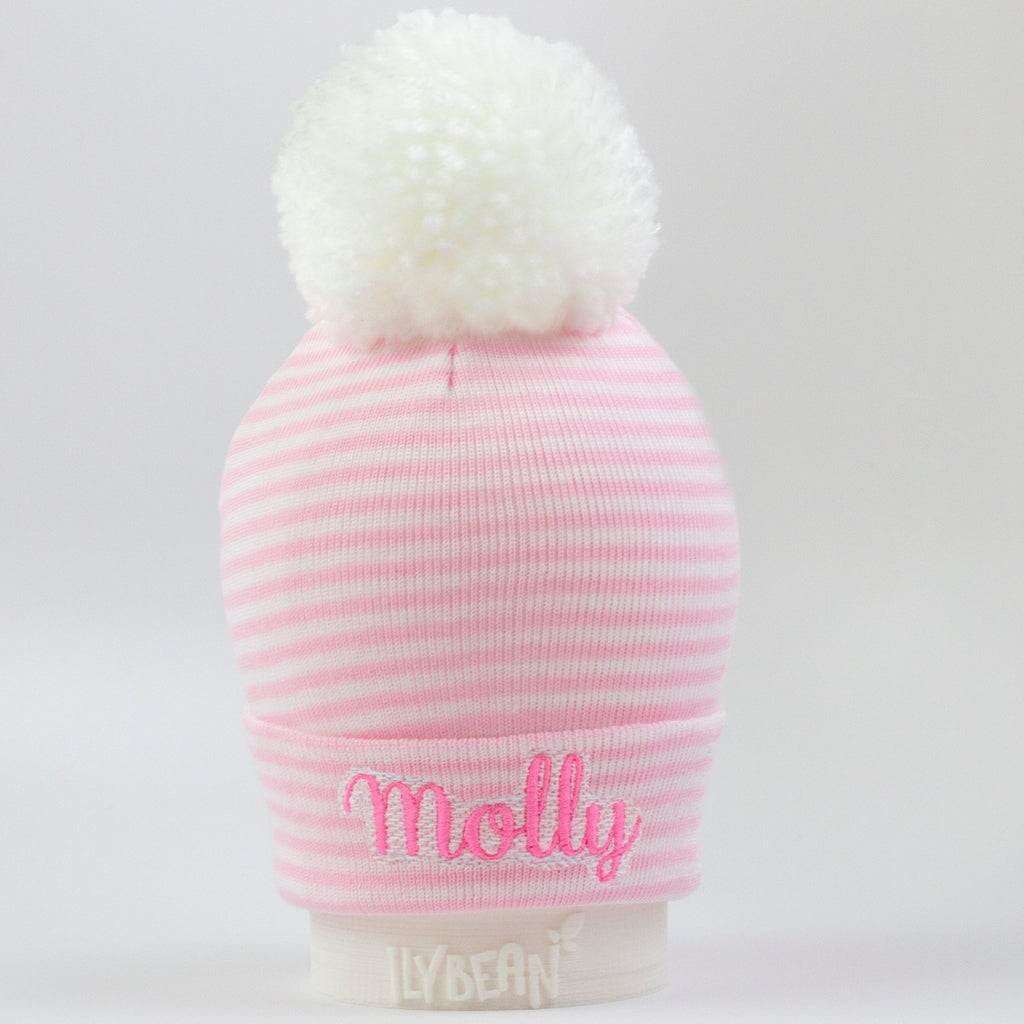 Wide Blue And White Striped Newborn Baby Boy Hospital Beanie With White Pom Pom Hat Infant Hat Newborn Hat (Personalization Optional)
