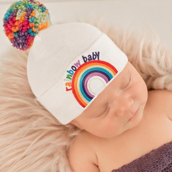 Rainbow Pom Pom and Rainbow Patch Baby Hat - White - Gender Neutral Ho -  ilybean nursery beanies