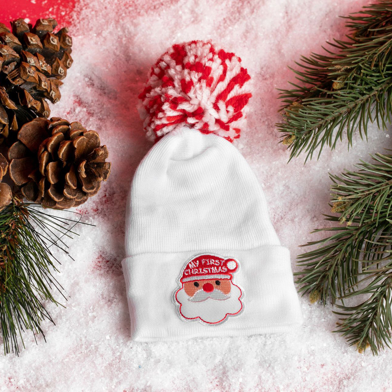 ilybean First Christmas Hospital Hat With Red and White MIXED Pom Pom Newborn Hospital Hat for Christmas Newborns
