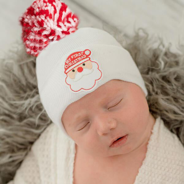 ilybean First Christmas Hospital Hat With Red and White MIXED Pom Pom Newborn Hospital Hat for Christmas Newborns