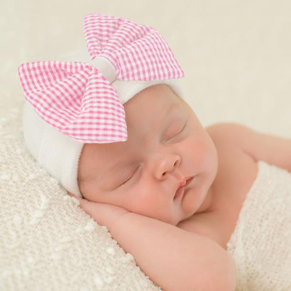 ilybean Seersucker CHECK Pink and White Bow Newborn Girl Hospital Hat Newborn Girl Hat