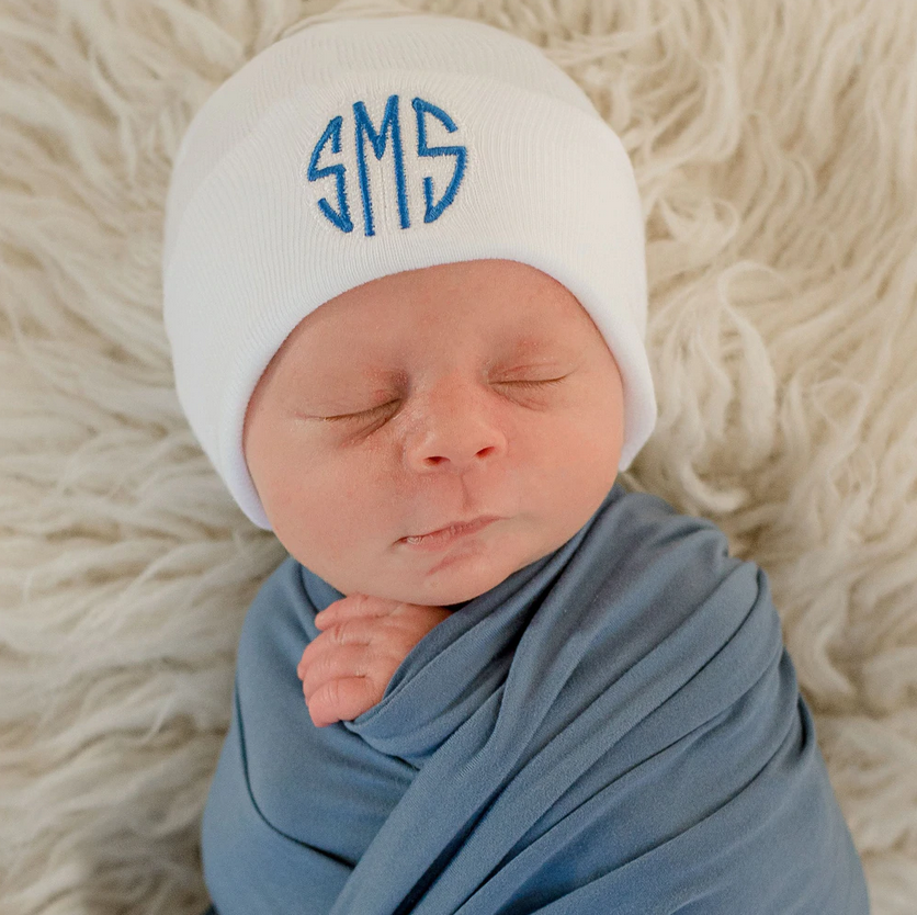 ilybean Monogram Personalized Shadow Stitch Pink , White or Blue Hospital Newborn Hospital Hat Nursery Beanie