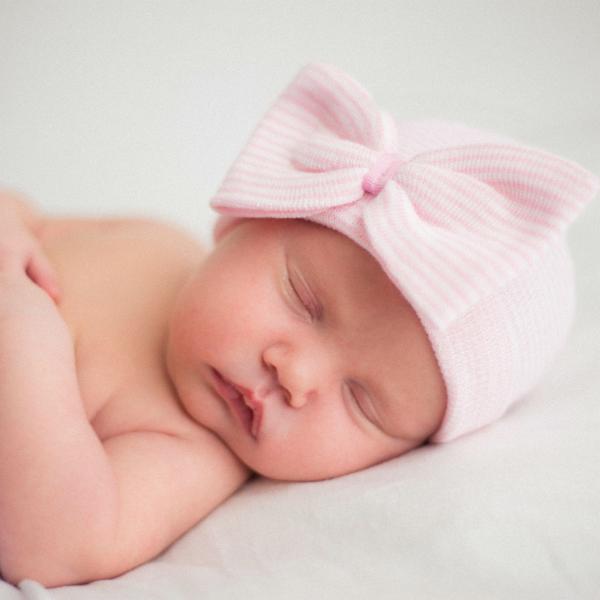 ilybean So Sweet Pink and White Striped Hospital Hat with Pink Ribbon Bow